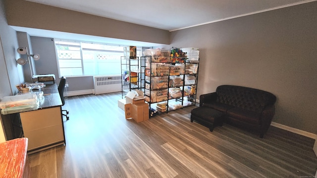 living area with radiator heating unit, crown molding, a baseboard heating unit, and dark wood-type flooring