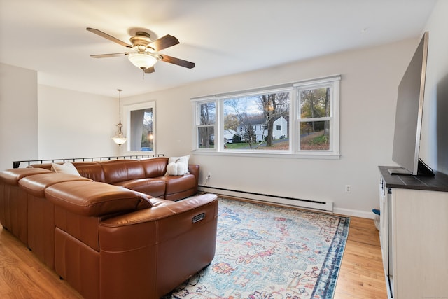 living room featuring ceiling fan, light hardwood / wood-style floors, and a baseboard heating unit