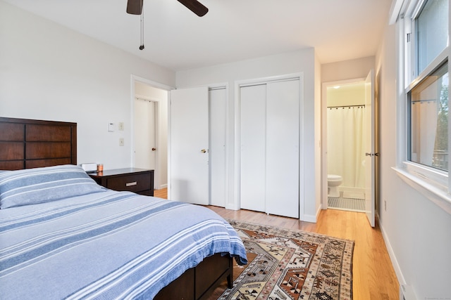 bedroom featuring ceiling fan, connected bathroom, and light wood-type flooring