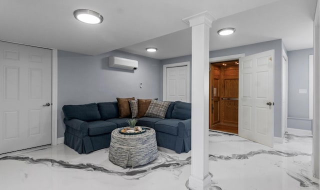 442 Seaside Ave, Westbrook, CT 06498 - living room featuring a wall unit AC, marble tiled floors, and baseboards