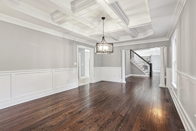 unfurnished dining area with coffered ceiling, decorative columns, dark hardwood / wood-style flooring, ornamental molding, and beamed ceiling