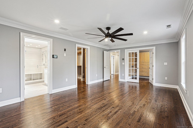 unfurnished living room featuring ceiling fan, dark hardwood / wood-style flooring, and crown molding