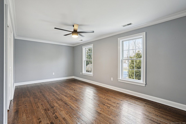 unfurnished room with ceiling fan, dark wood-type flooring, and crown molding