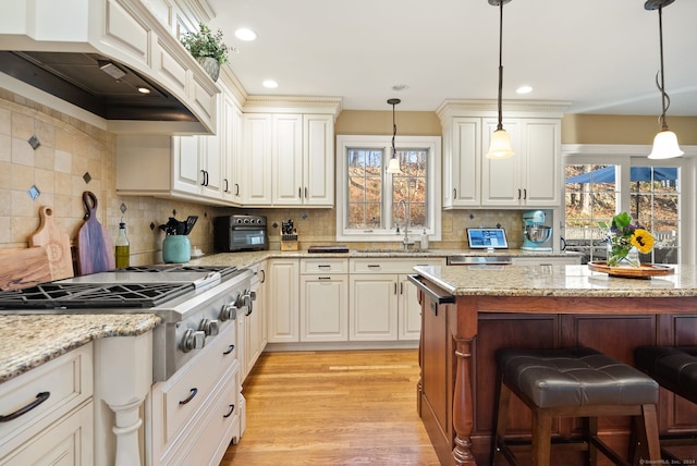 kitchen with light wood-type flooring, hanging light fixtures, light stone counters, and a healthy amount of sunlight