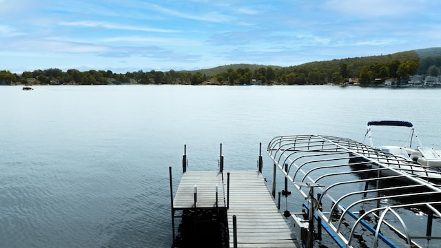 dock area with a water view and a forest view