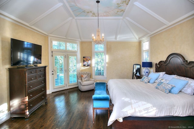 bedroom featuring dark wood-type flooring, access to outside, french doors, crown molding, and a chandelier