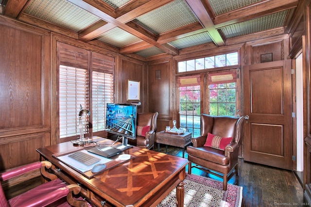 office with beamed ceiling, wooden walls, and coffered ceiling