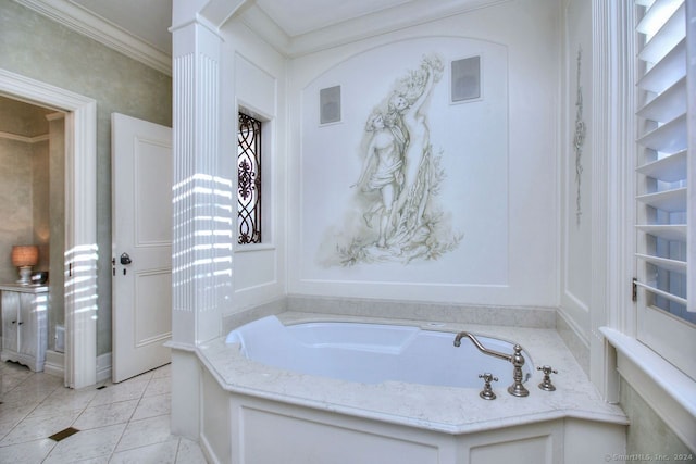 bathroom featuring tile patterned floors, a bathing tub, and crown molding