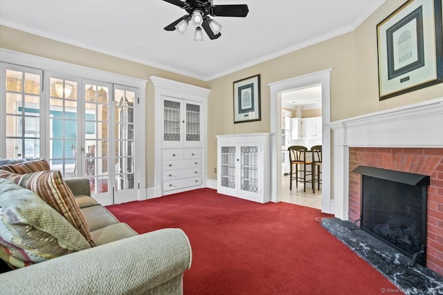 living room with french doors, ornamental molding, and carpet floors