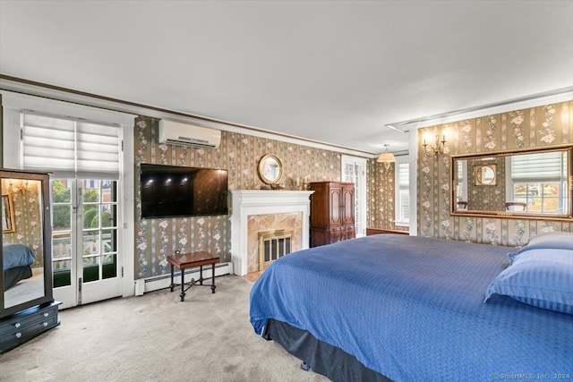 bedroom featuring an AC wall unit, baseboard heating, ornamental molding, and carpet floors