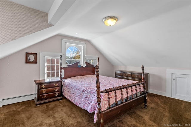 bedroom with baseboard heating, dark colored carpet, and lofted ceiling