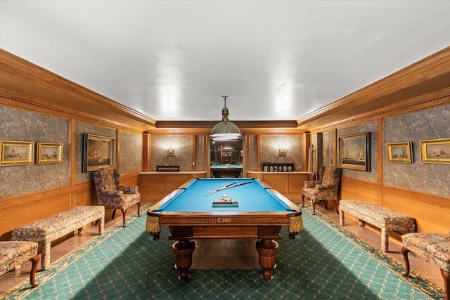 rec room with ornamental molding, carpet flooring, and billiards