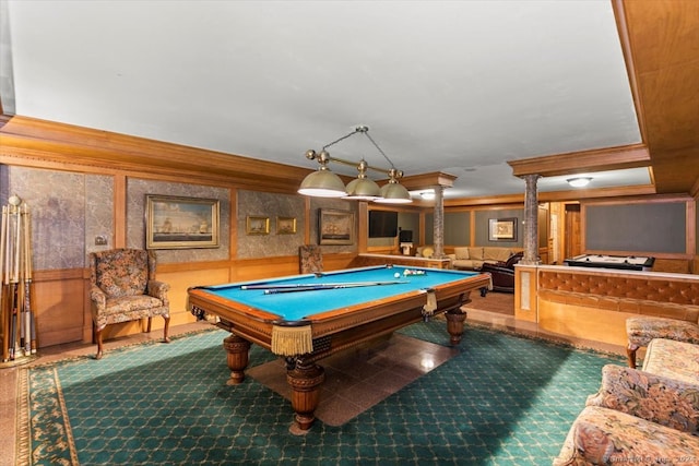 recreation room featuring pool table, ornate columns, and carpet floors