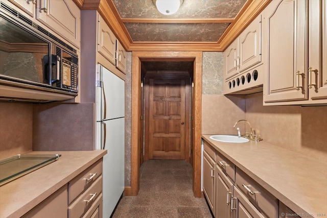 kitchen with sink, white fridge, and crown molding