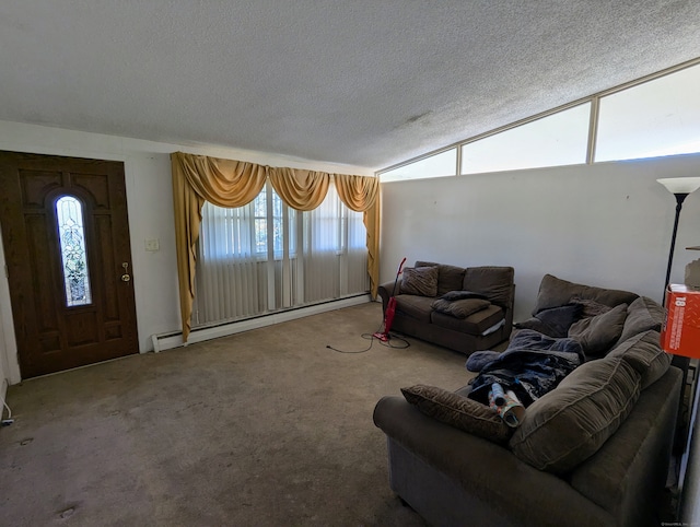 carpeted living room featuring a baseboard radiator, lofted ceiling, and a textured ceiling