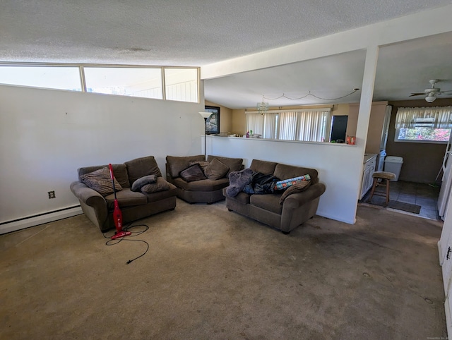 carpeted living room featuring ceiling fan, a textured ceiling, a baseboard radiator, and lofted ceiling