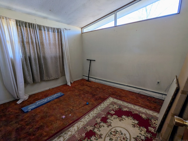 spare room with a baseboard heating unit, plenty of natural light, and lofted ceiling