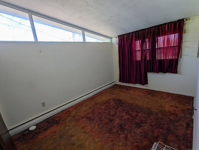 unfurnished room featuring plenty of natural light, a textured ceiling, carpet flooring, and a baseboard heating unit