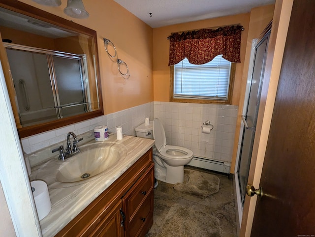 bathroom featuring baseboard heating, walk in shower, vanity, and toilet