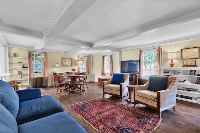 living room featuring beamed ceiling, hardwood / wood-style floors, radiator, and coffered ceiling