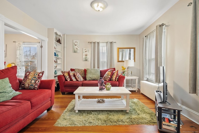 living room with hardwood / wood-style floors and radiator heating unit