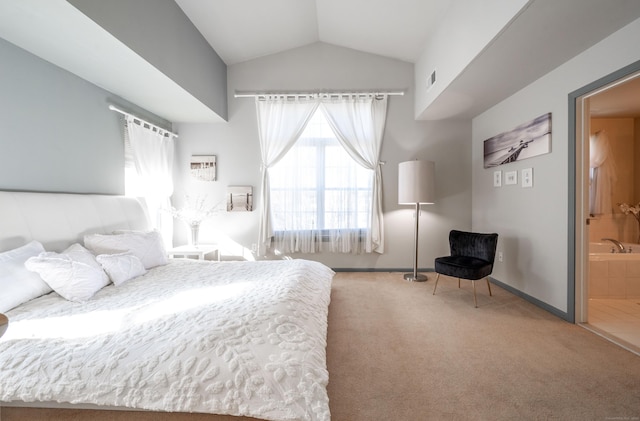 bedroom with lofted ceiling, carpet, baseboards, and visible vents