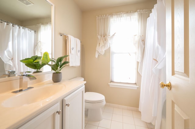 bathroom with tile patterned floors, visible vents, toilet, baseboards, and vanity