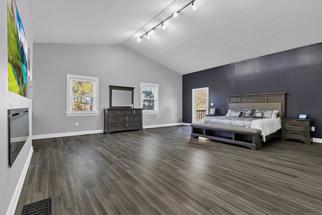 bedroom with dark hardwood / wood-style flooring, lofted ceiling, and track lighting