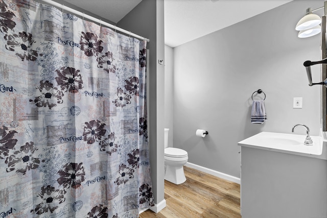 bathroom with toilet, vanity, hardwood / wood-style flooring, and a shower with shower curtain