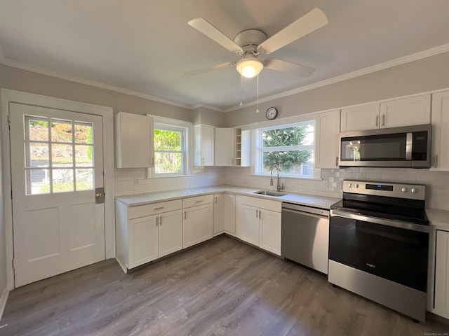 kitchen with appliances with stainless steel finishes, white cabinetry, and a healthy amount of sunlight