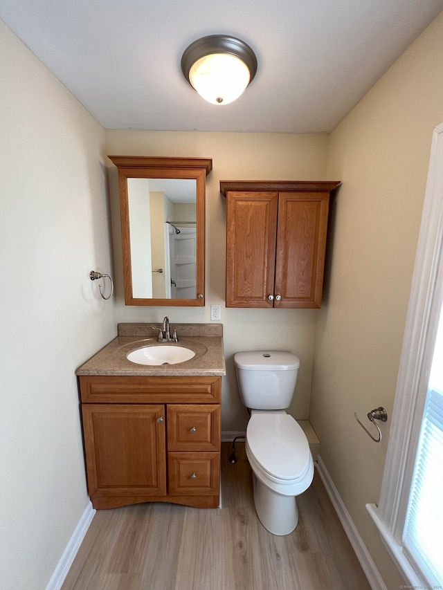 bathroom with vanity, toilet, and wood-type flooring