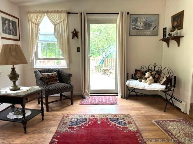 entryway with plenty of natural light, light wood-style flooring, baseboard heating, and baseboards