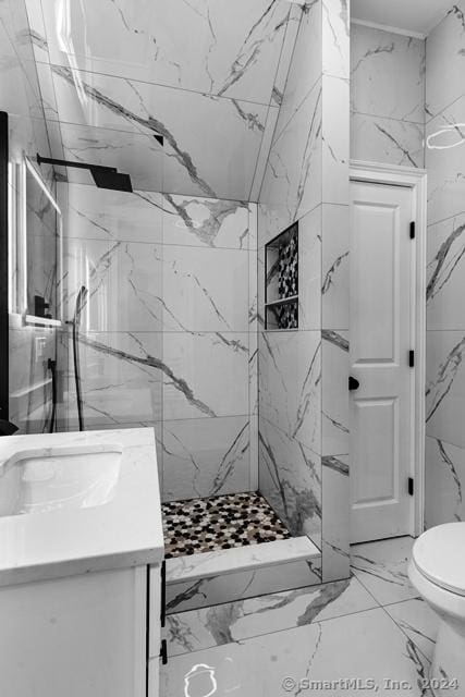 45 Stevens St, Milford, CT 06460 - full bath with vanity, a marble finish shower, toilet, and marble finish flooring