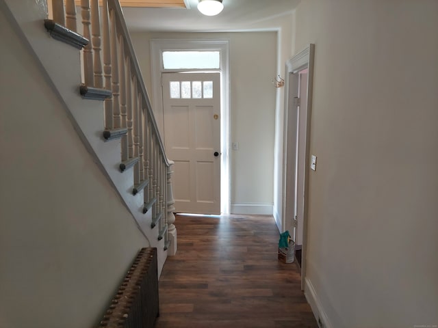 foyer featuring radiator heating unit and dark hardwood / wood-style flooring