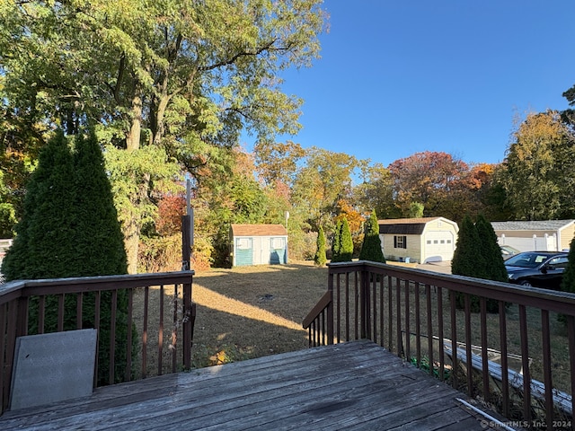 wooden deck with a shed