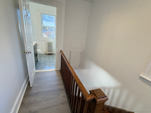 hallway featuring hardwood / wood-style floors and radiator