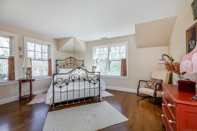 bedroom with dark hardwood / wood-style floors and multiple windows