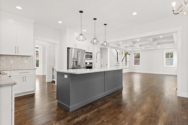 15 Parsons Way, Avon, CT 06001 - kitchen with stainless steel appliances, coffered ceiling, recessed lighting, backsplash, and dark wood-style floors