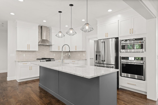 15 Parsons Way, Avon, CT 06001 - kitchen with wall chimney exhaust hood, stainless steel refrigerator with ice dispenser, backsplash, white cabinetry, and an island with sink