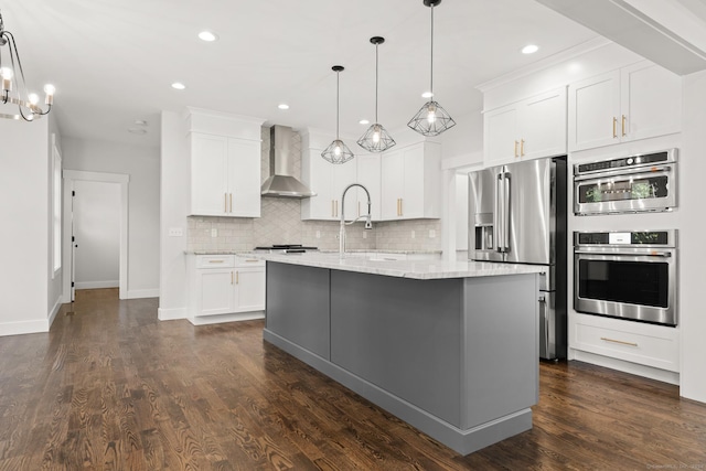 15 Parsons Way, Avon, CT 06001 - kitchen featuring stainless steel fridge with ice dispenser, wall chimney range hood, backsplash, white cabinetry, and dark wood finished floors