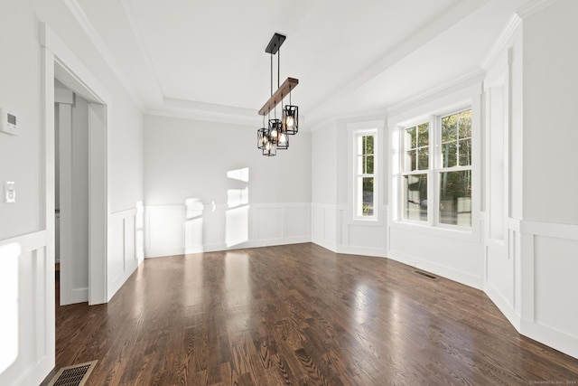 15 Parsons Way, Avon, CT 06001 - unfurnished dining area with a chandelier, dark wood-type flooring, wainscoting, a decorative wall, and a raised ceiling