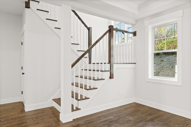 staircase with ornamental molding and wood-type flooring