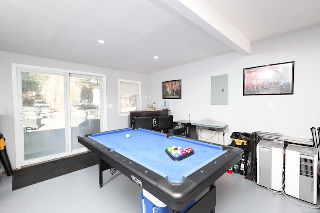 rec room featuring beam ceiling, electric panel, and pool table