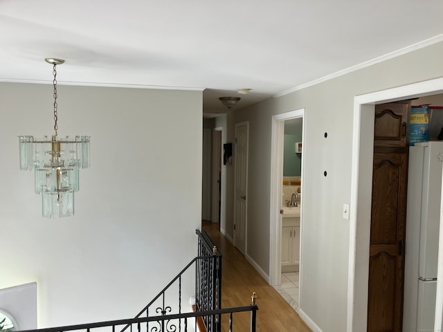 hallway featuring a chandelier, light wood-type flooring, and crown molding