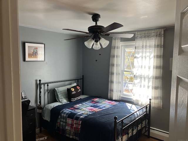 bedroom with ceiling fan and baseboard heating