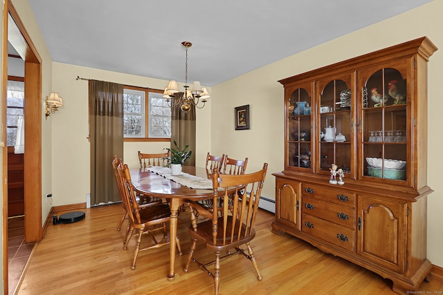 dining room with light wood-type flooring and a chandelier