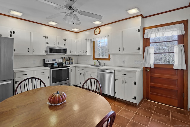 kitchen featuring white cabinetry, stainless steel appliances, ceiling fan, and sink