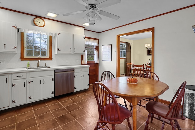 kitchen with tasteful backsplash, crown molding, sink, white cabinets, and stainless steel dishwasher