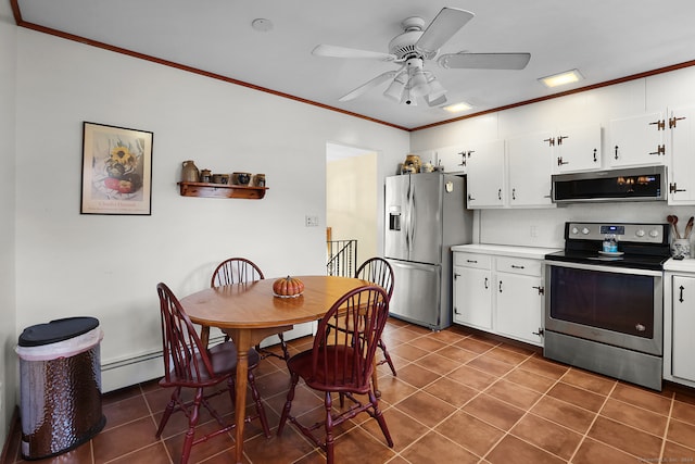 kitchen featuring crown molding, appliances with stainless steel finishes, white cabinets, a baseboard radiator, and ceiling fan