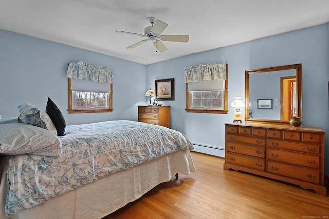 bedroom featuring light hardwood / wood-style floors, ceiling fan, and baseboard heating